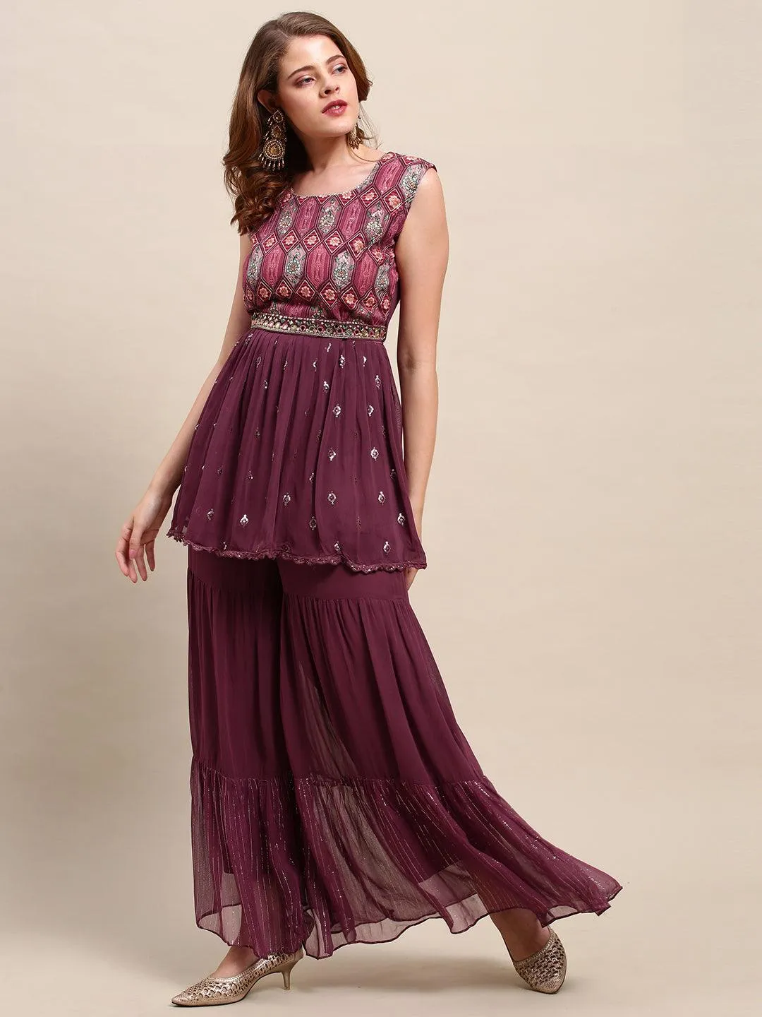 Embroidered & Floral Printed Peplum & Sharara with Dupatta & Belt - Wine