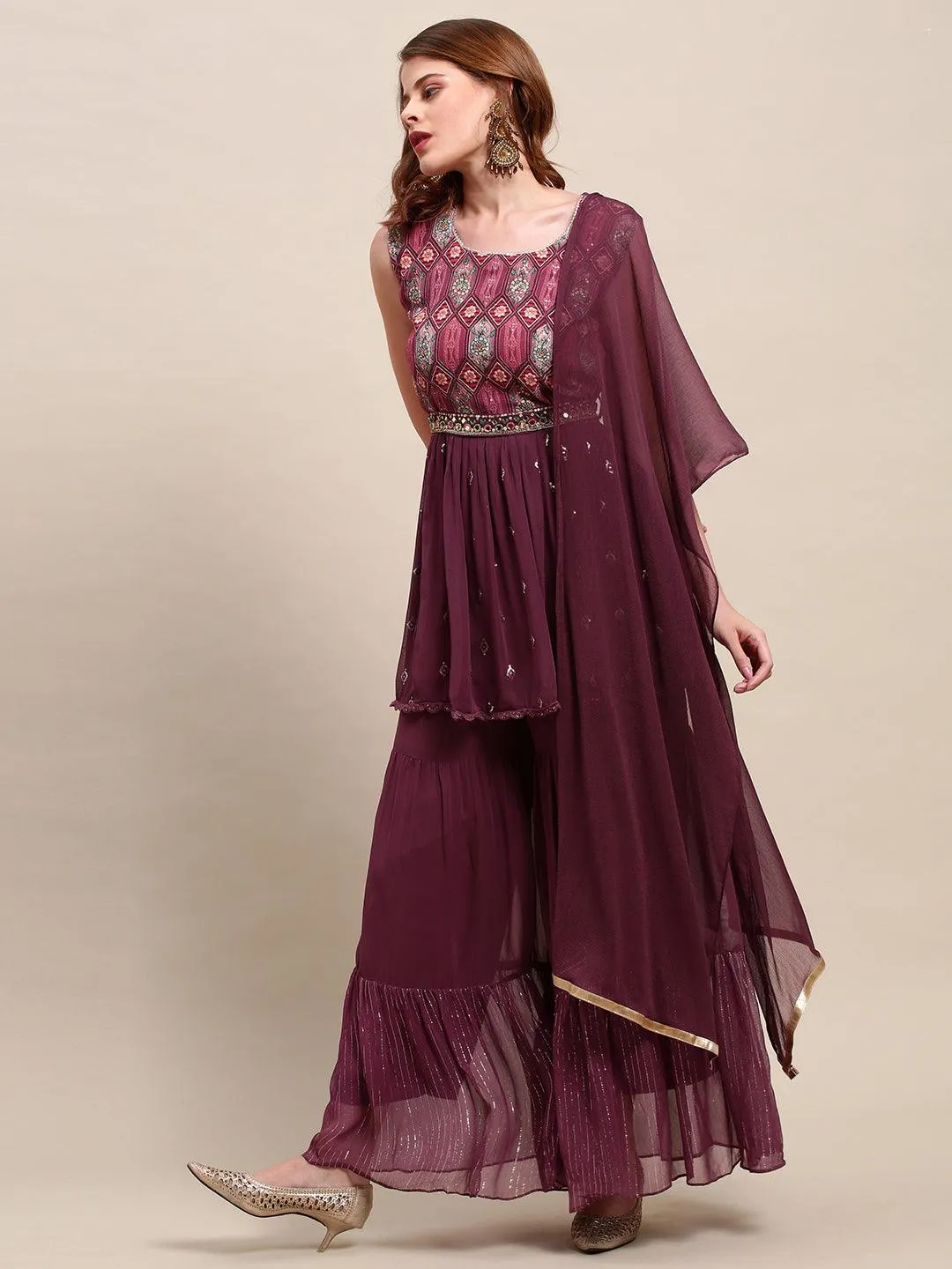 Embroidered & Floral Printed Peplum & Sharara with Dupatta & Belt - Wine