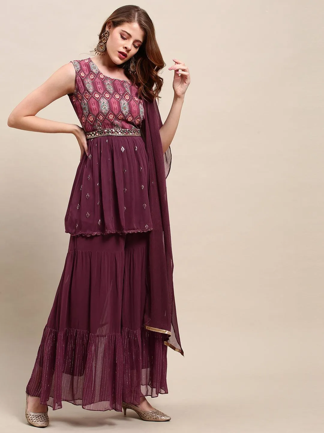Embroidered & Floral Printed Peplum & Sharara with Dupatta & Belt - Wine