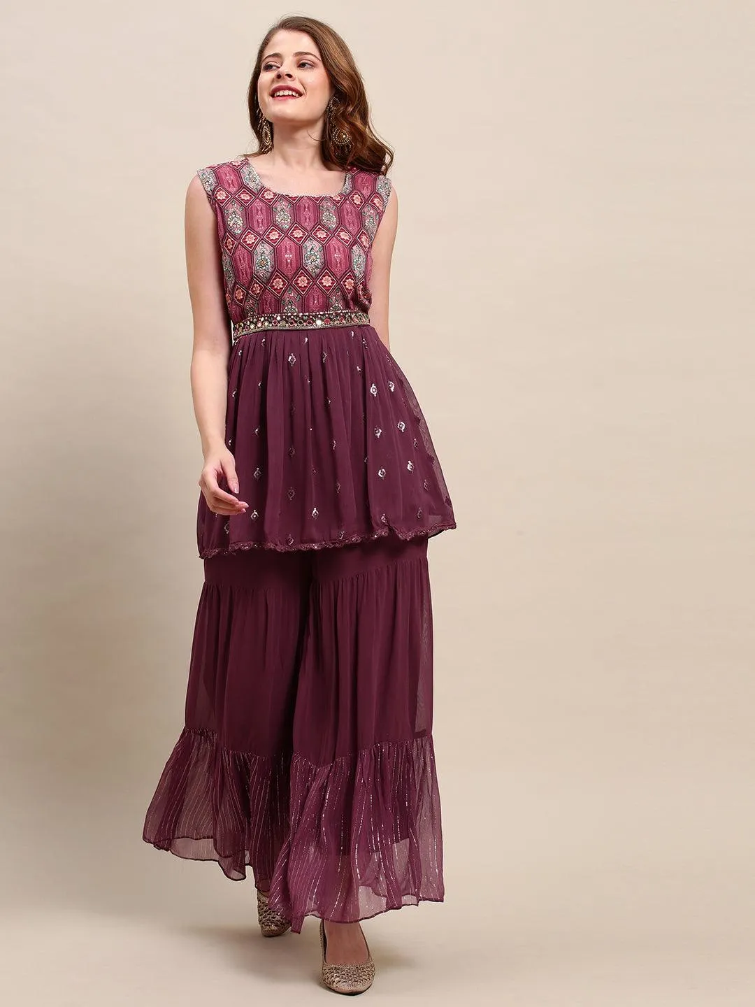 Embroidered & Floral Printed Peplum & Sharara with Dupatta & Belt - Wine