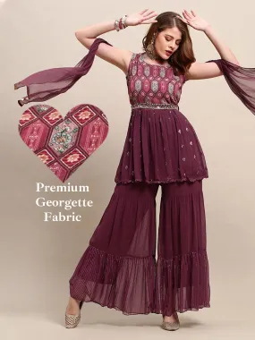 Embroidered & Floral Printed Peplum & Sharara with Dupatta & Belt - Wine