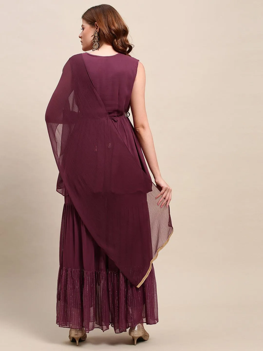 Embroidered & Floral Printed Peplum & Sharara with Dupatta & Belt - Wine