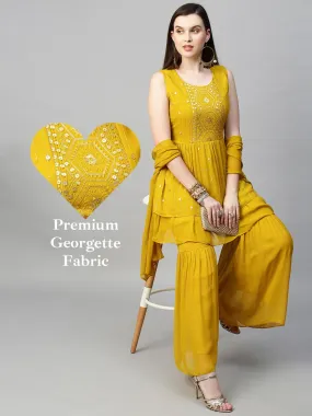 Embroidered Peplum & Sharara and Dupatta - Mustard