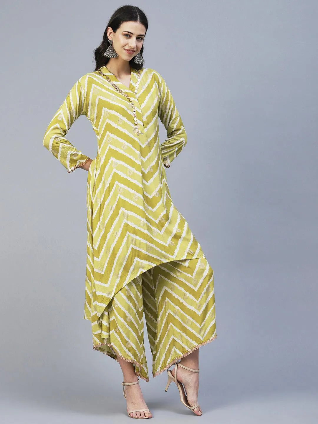 Ethnic & Chevron Printed A-Line Co-ord Set - Green