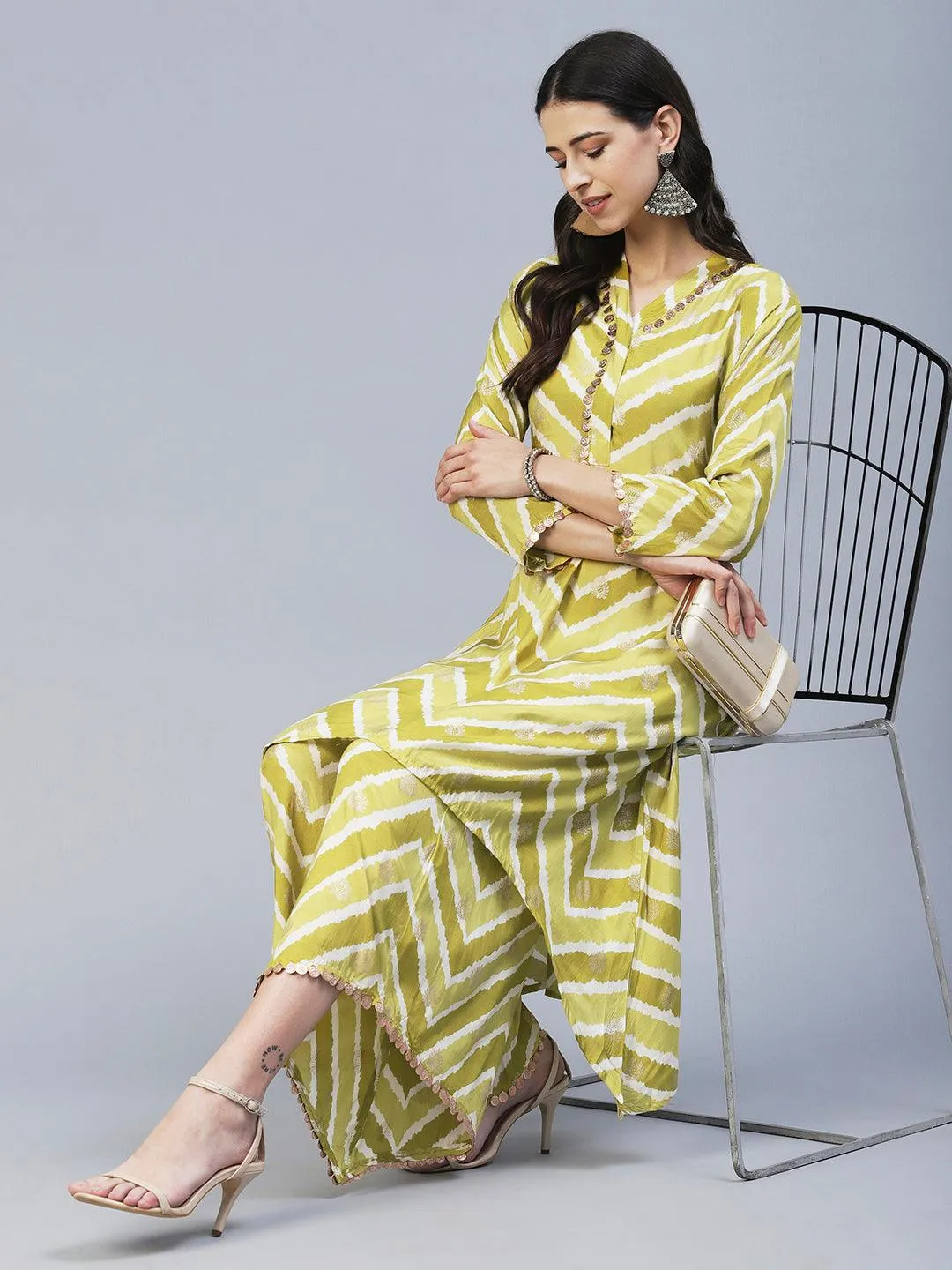 Ethnic & Chevron Printed A-Line Co-ord Set - Green