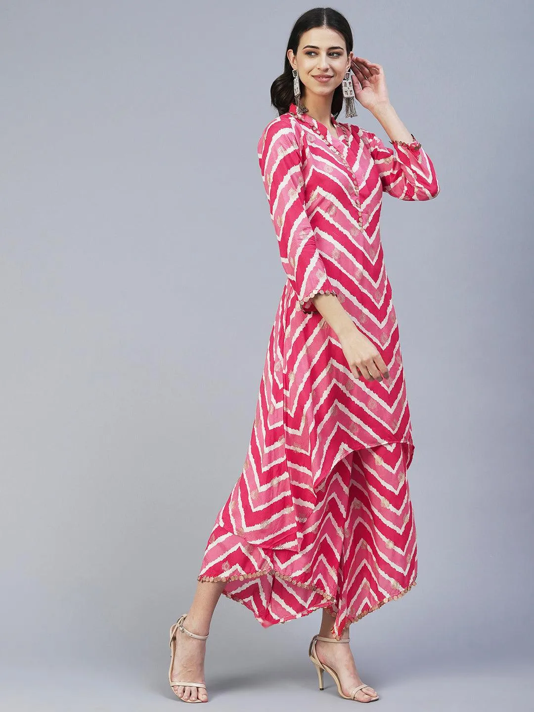 Ethnic & Chevron Printed A-Line Co-ord Set - Pink
