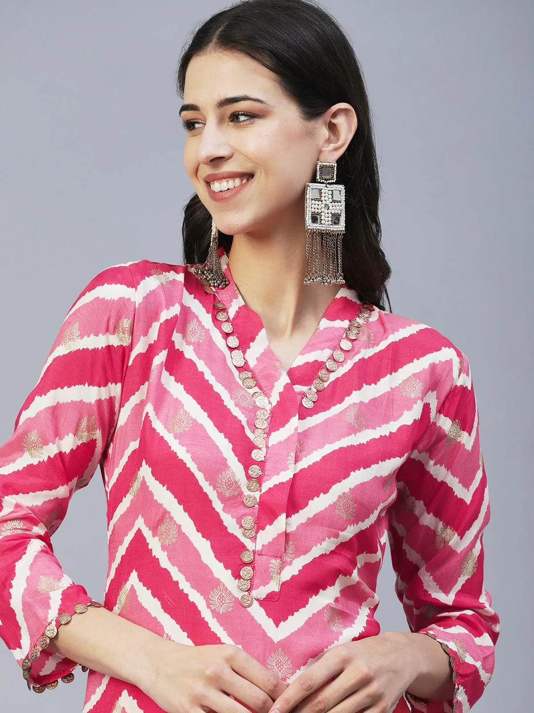 Ethnic & Chevron Printed A-Line Co-ord Set - Pink