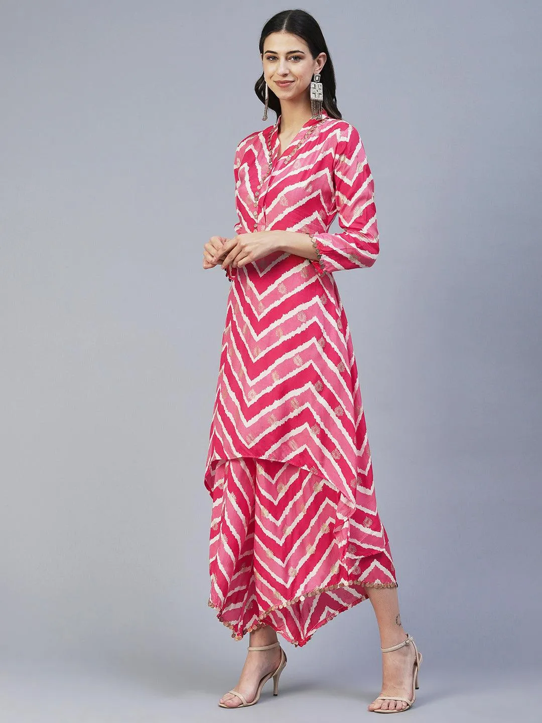 Ethnic & Chevron Printed A-Line Co-ord Set - Pink