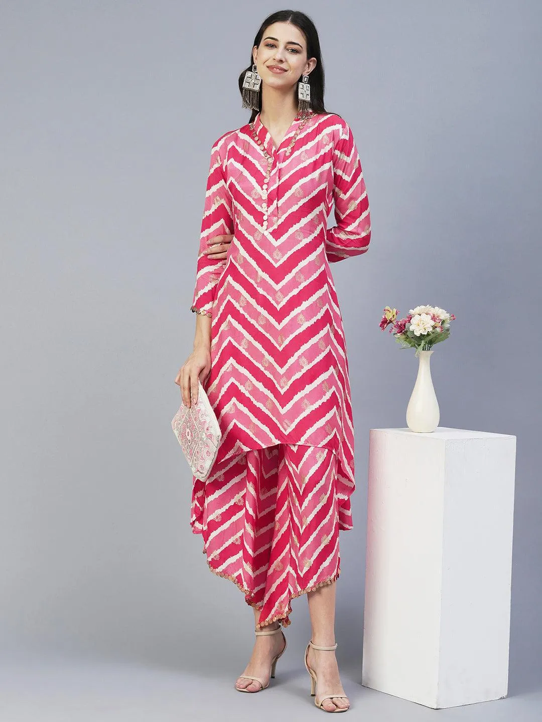 Ethnic & Chevron Printed A-Line Co-ord Set - Pink