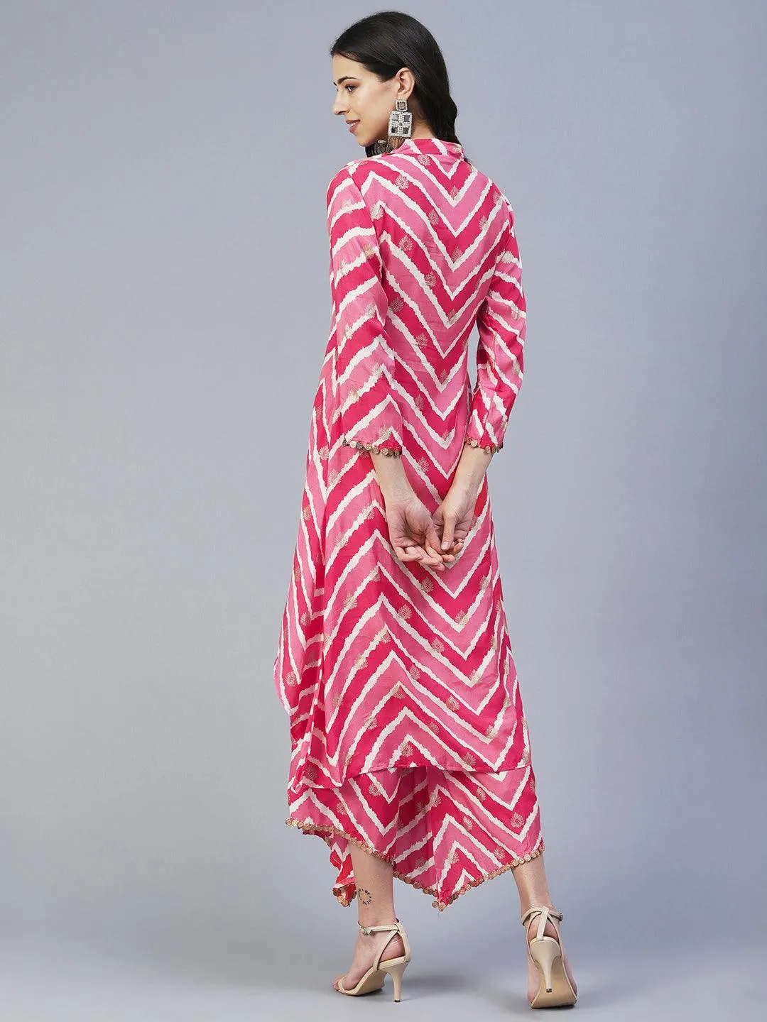 Ethnic & Chevron Printed A-Line Co-ord Set - Pink