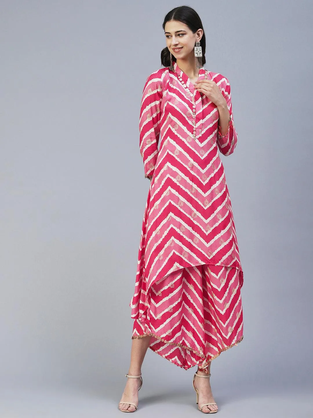 Ethnic & Chevron Printed A-Line Co-ord Set - Pink