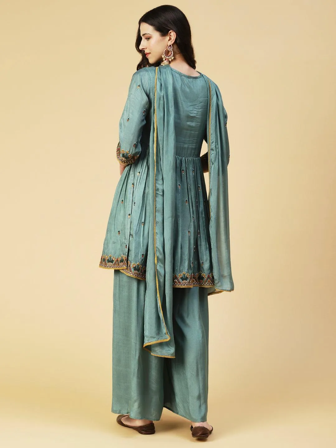 Ethnic Embroidered A-line Kurta with Palazzo & Dupatta - Green