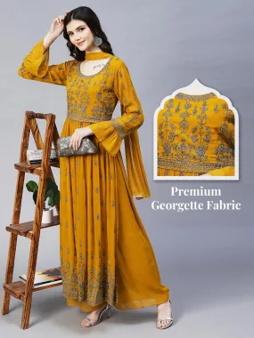 Ethnic Embroidered A-Line Kurta with Palazzo & Dupatta - Mustard