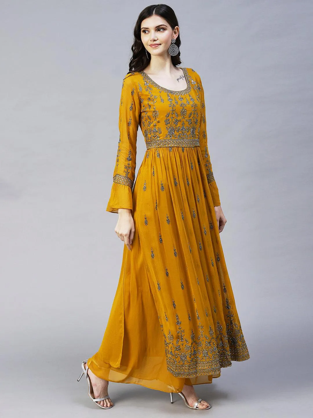 Ethnic Embroidered A-Line Kurta with Palazzo & Dupatta - Mustard