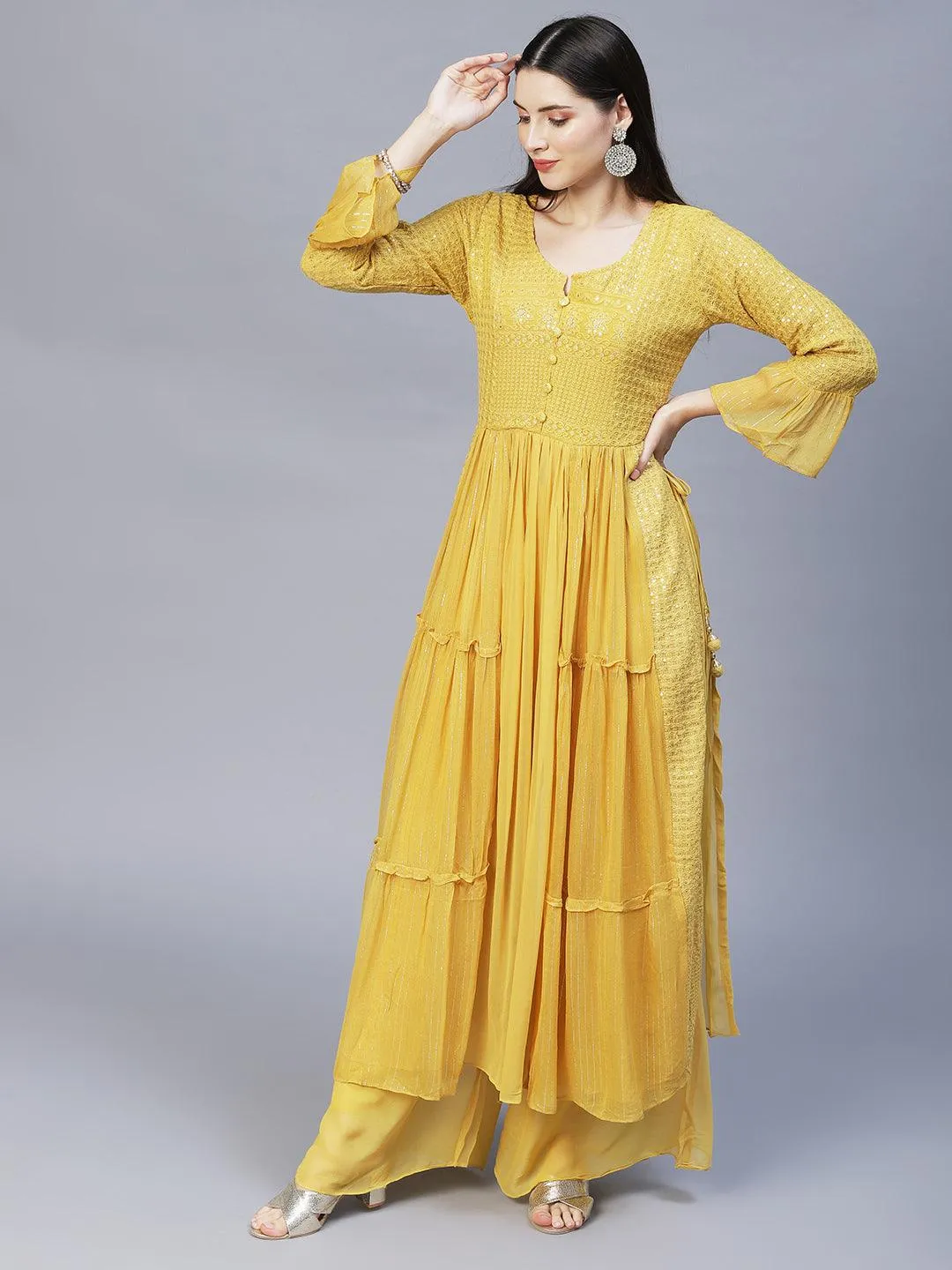 Ethnic Embroidered A-Line Kurta with Palazzo & Dupatta - Yellow