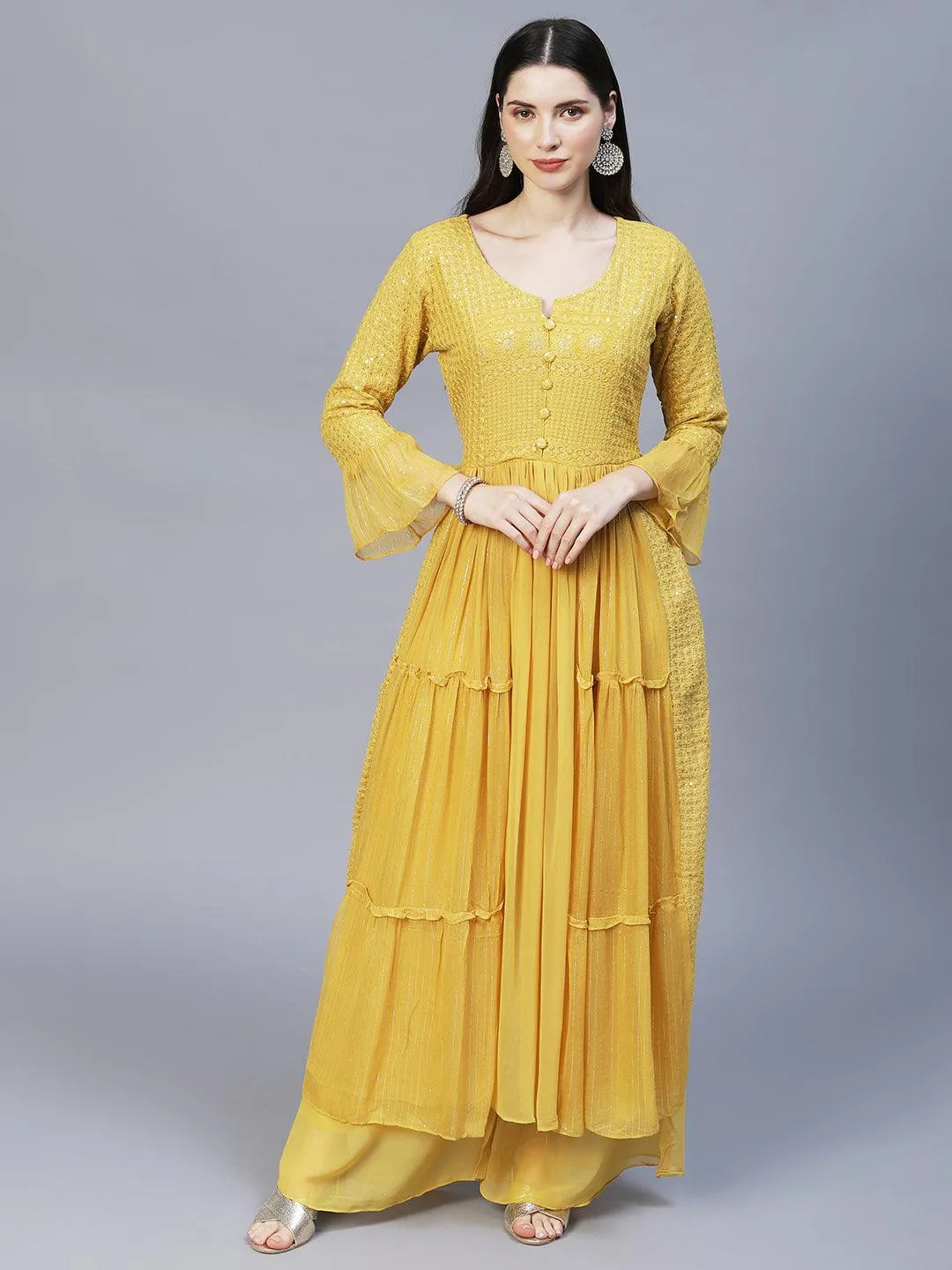 Ethnic Embroidered A-Line Kurta with Palazzo & Dupatta - Yellow