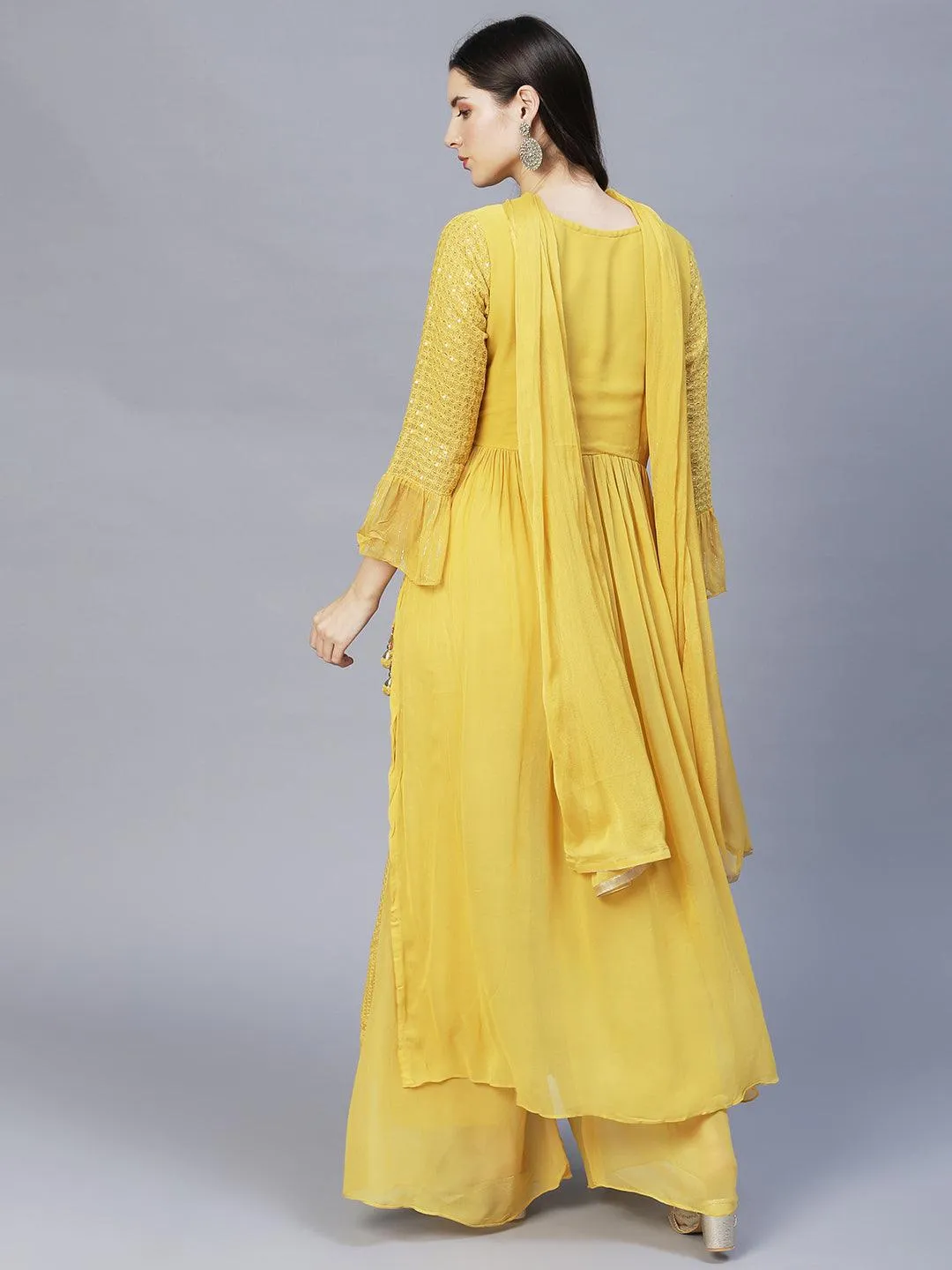 Ethnic Embroidered A-Line Kurta with Palazzo & Dupatta - Yellow