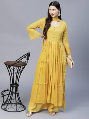 Ethnic Embroidered A-Line Kurta with Palazzo & Dupatta - Yellow