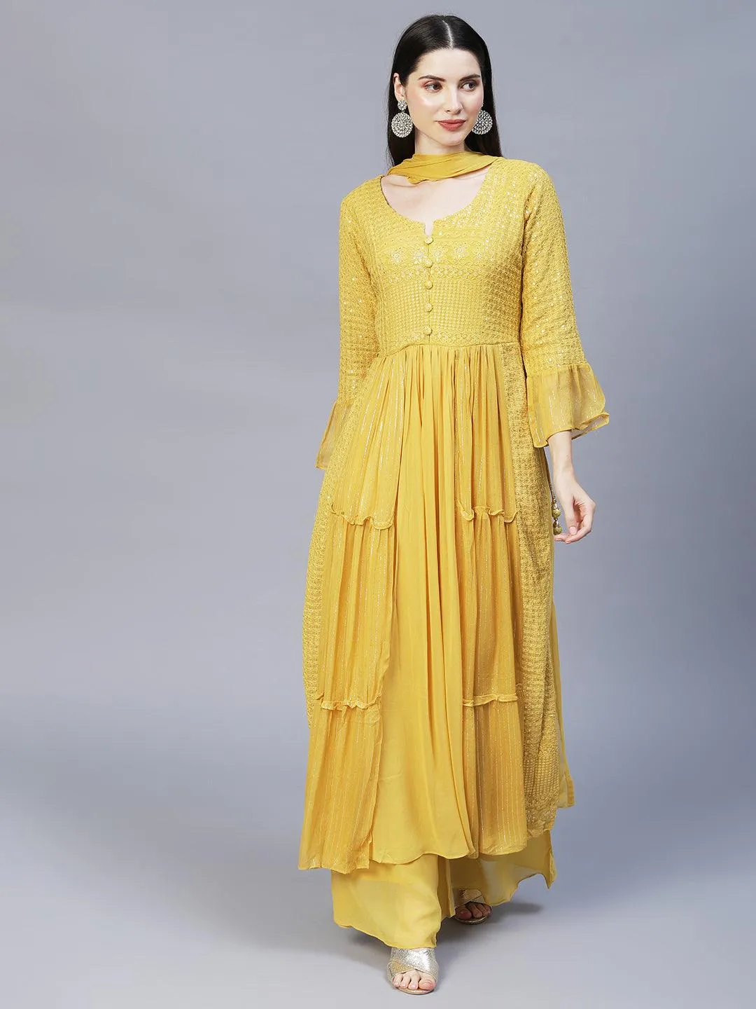 Ethnic Embroidered A-Line Kurta with Palazzo & Dupatta - Yellow