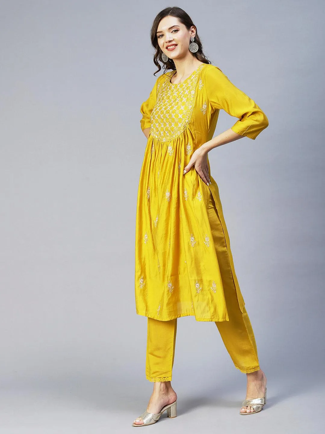 Ethnic Embroidered A-Line Kurta with Pant & Dupatta - Yellow