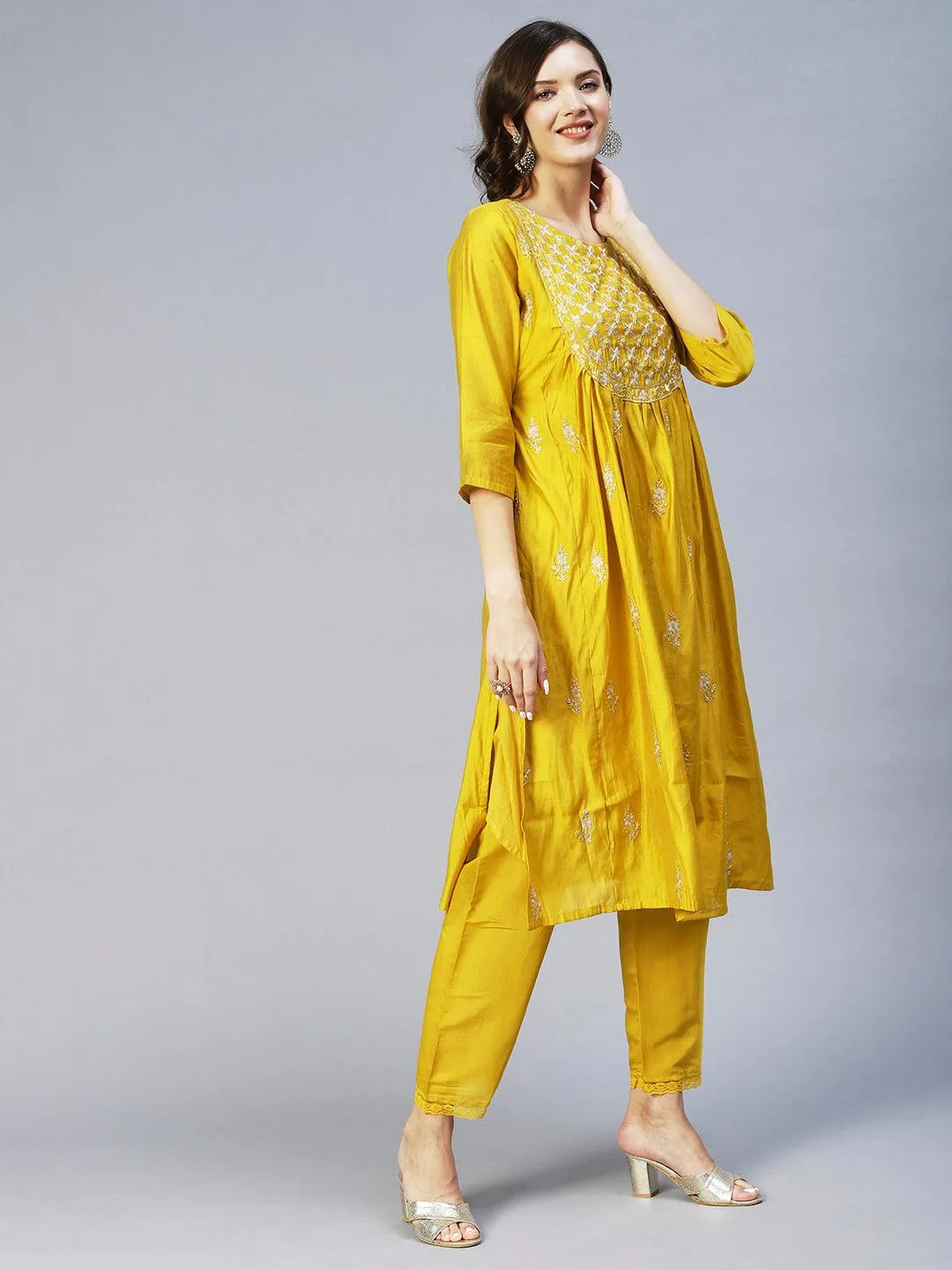 Ethnic Embroidered A-Line Kurta with Pant & Dupatta - Yellow