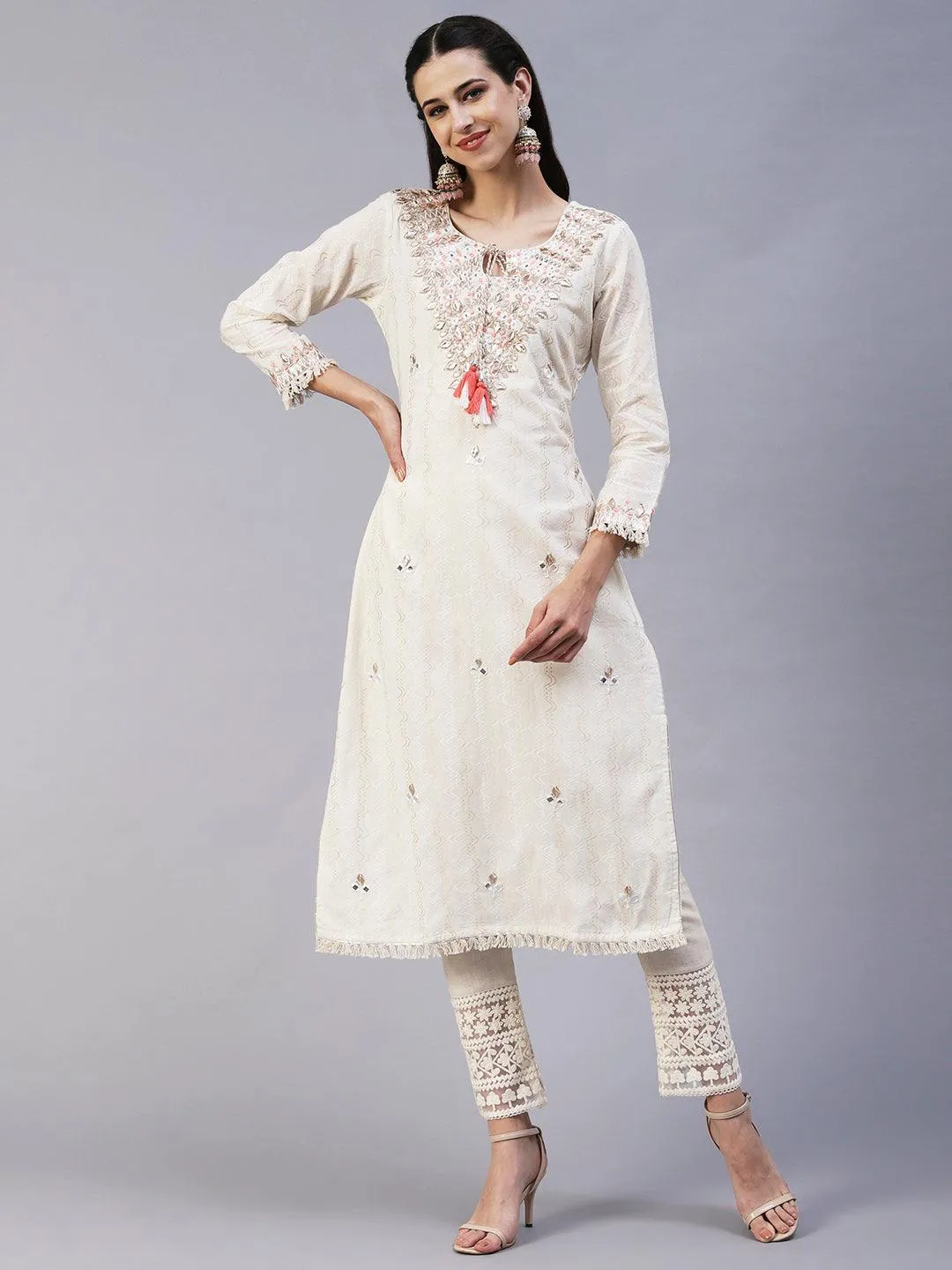 Ethnic Embroidered A-Line Kurta with Pant - Off White