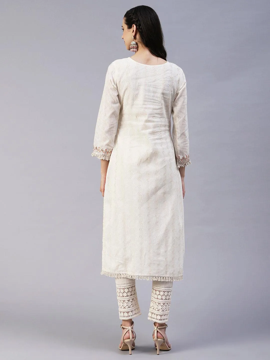 Ethnic Embroidered A-Line Kurta with Pant - Off White