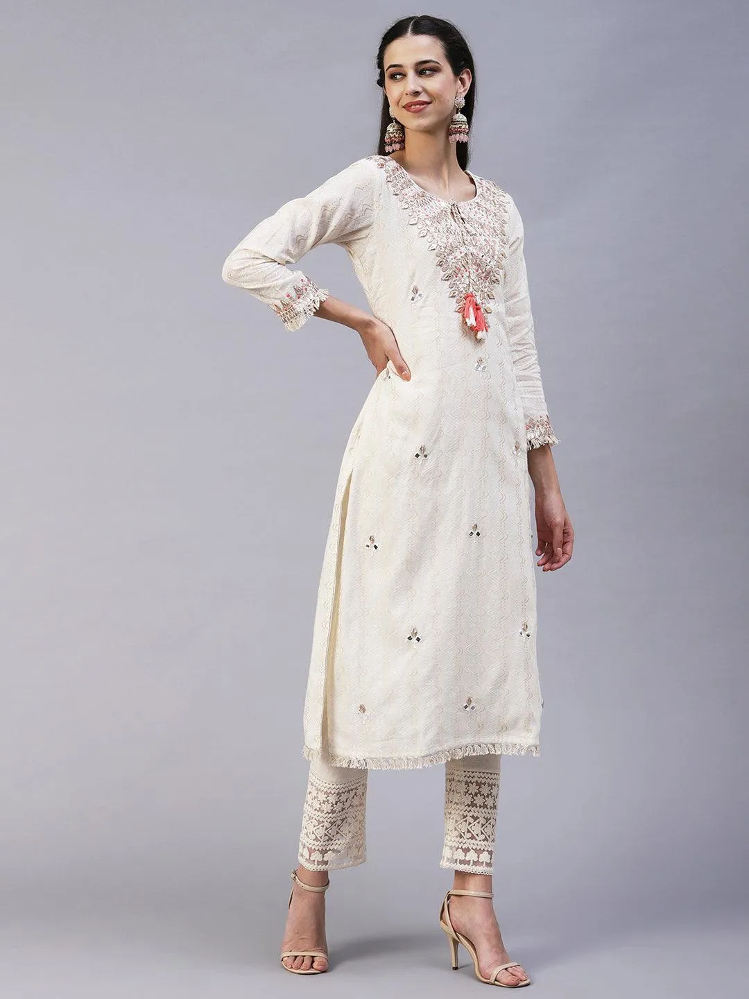 Ethnic Embroidered A-Line Kurta with Pant - Off White
