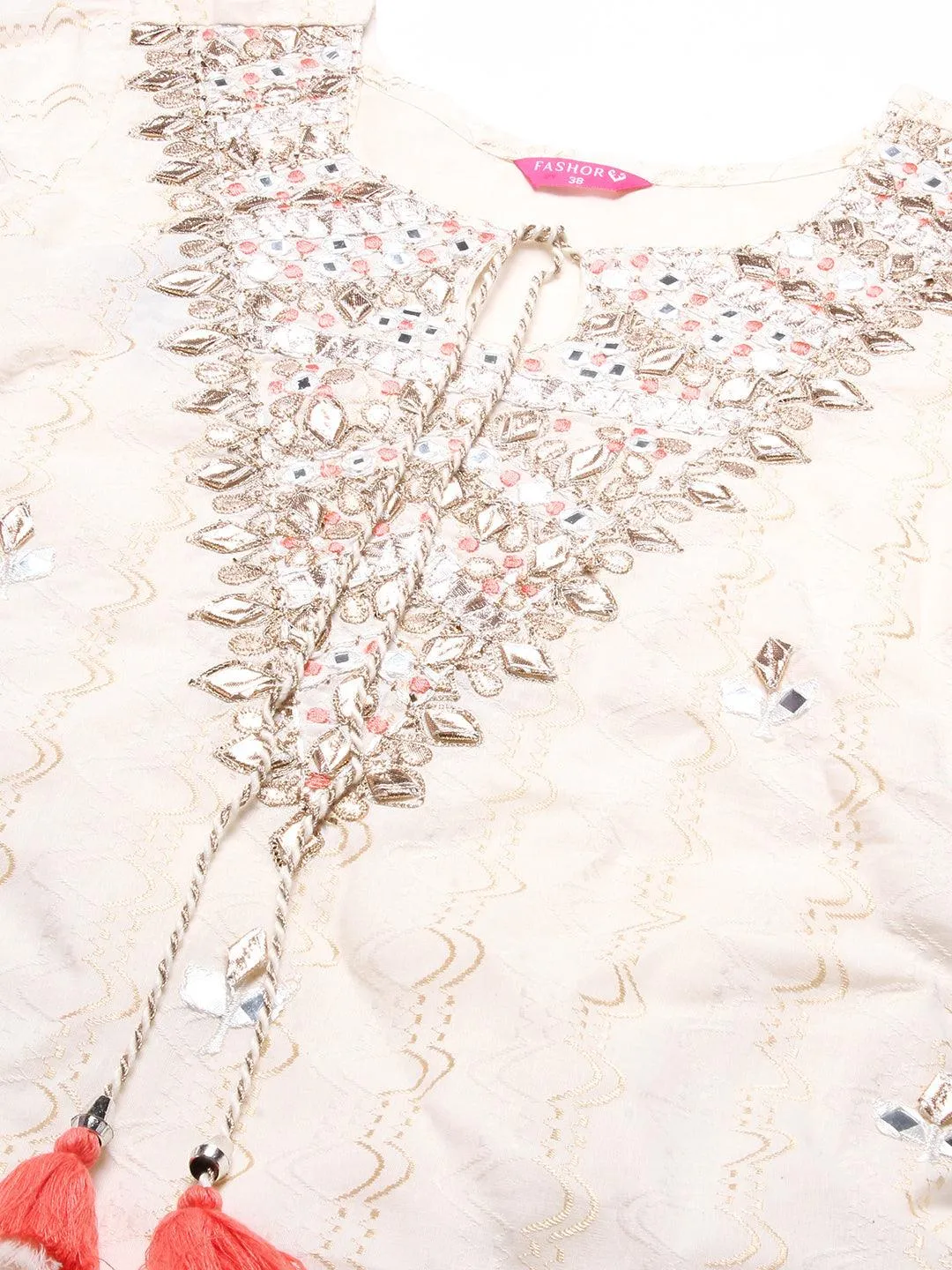 Ethnic Embroidered A-Line Kurta with Pant - Off White