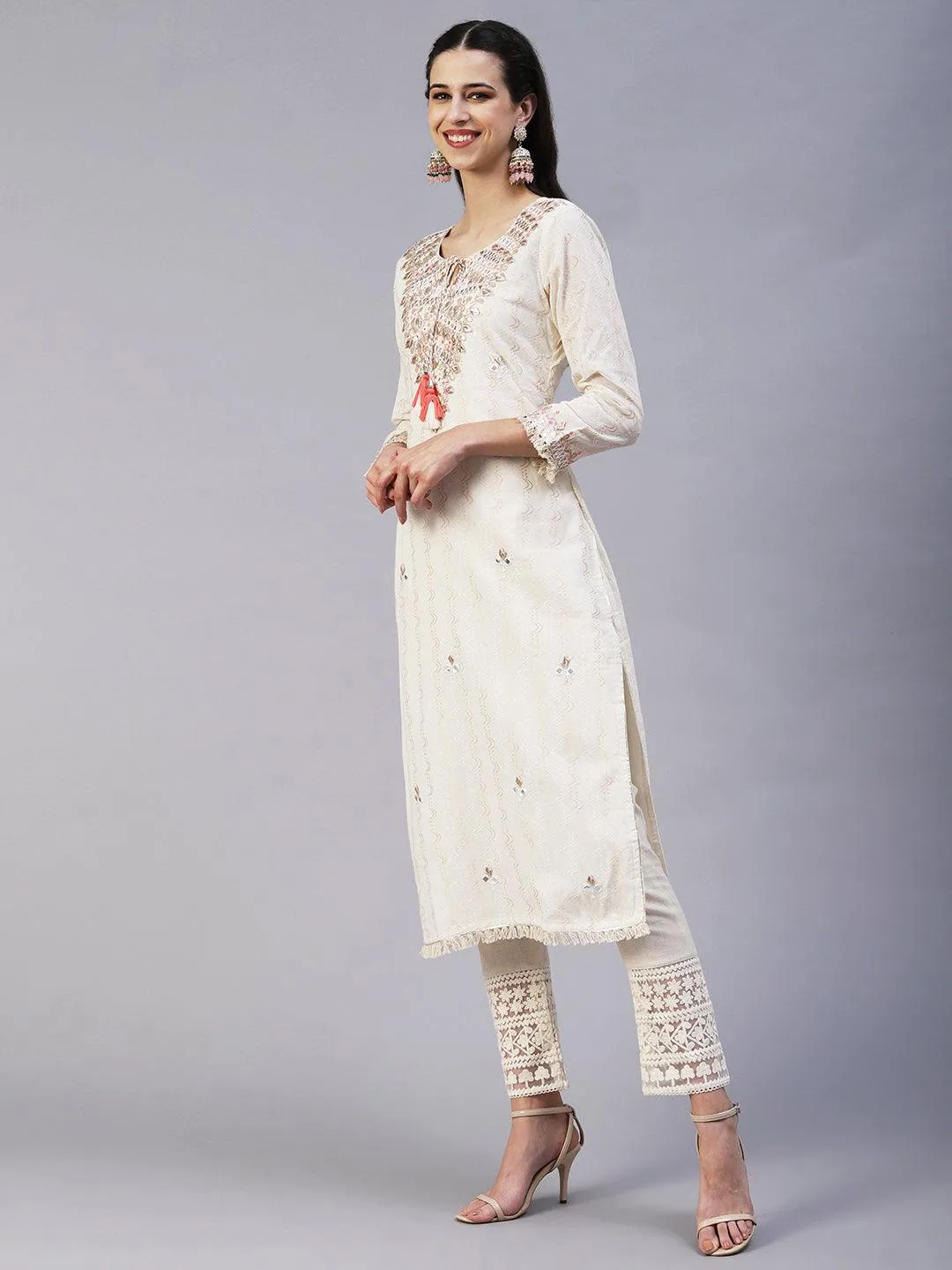 Ethnic Embroidered A-Line Kurta with Pant - Off White