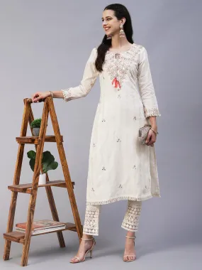 Ethnic Embroidered A-Line Kurta with Pant - Off White