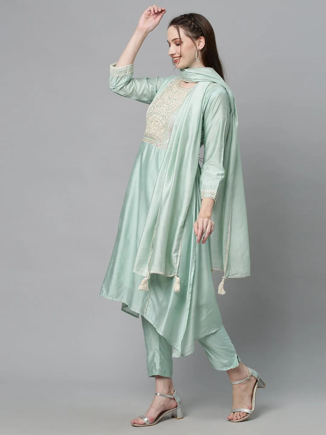 Ethnic Embroidered A-Line Kurta with Pants & Dupatta - Mint Green