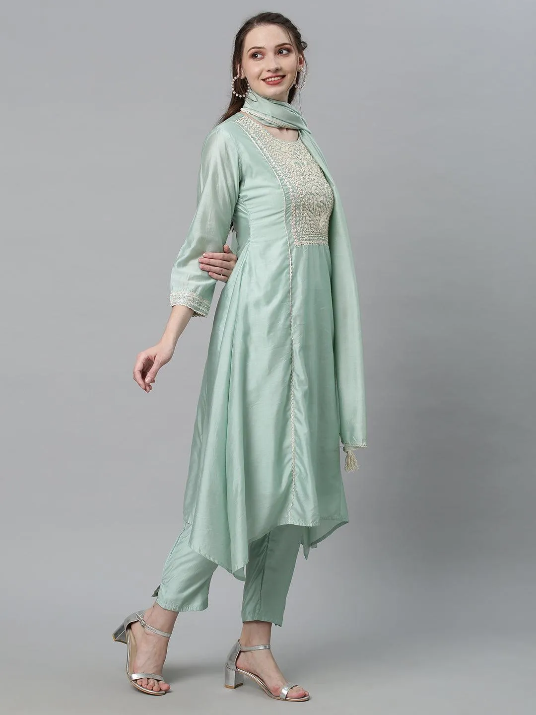 Ethnic Embroidered A-Line Kurta with Pants & Dupatta - Mint Green