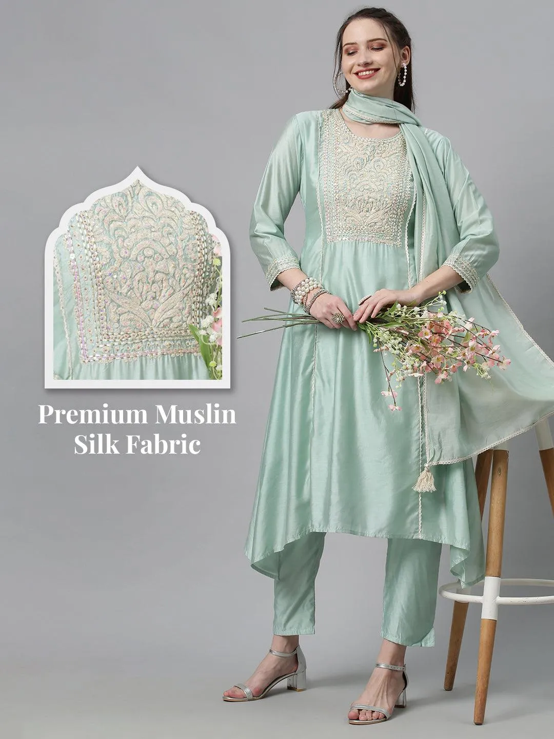 Ethnic Embroidered A-Line Kurta with Pants & Dupatta - Mint Green