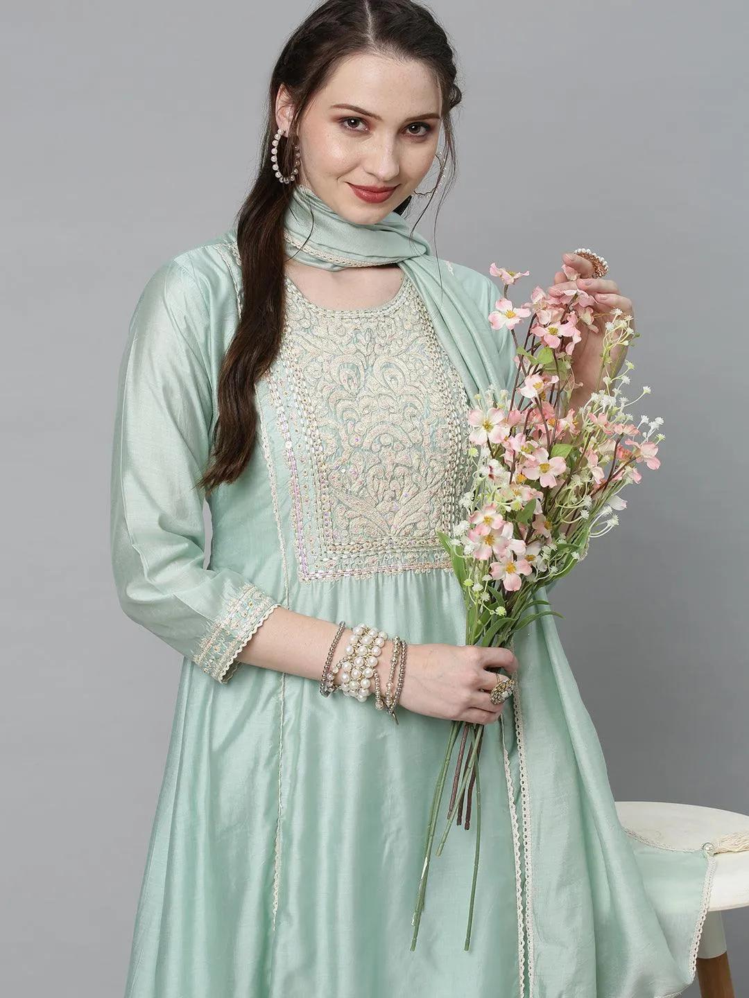 Ethnic Embroidered A-Line Kurta with Pants & Dupatta - Mint Green