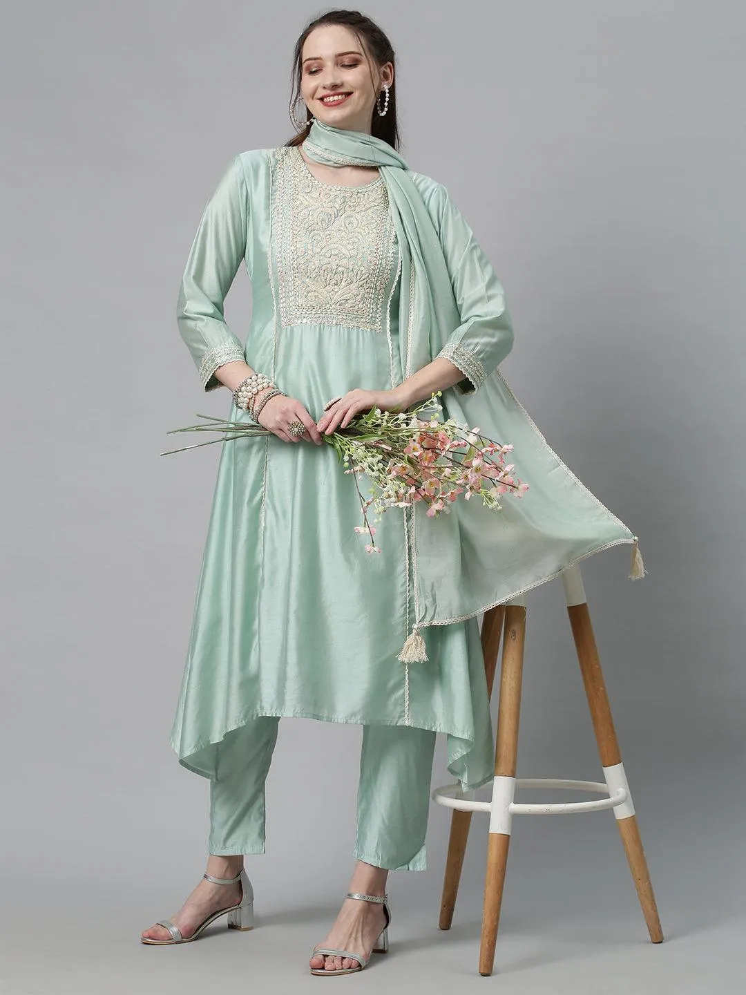 Ethnic Embroidered A-Line Kurta with Pants & Dupatta - Mint Green