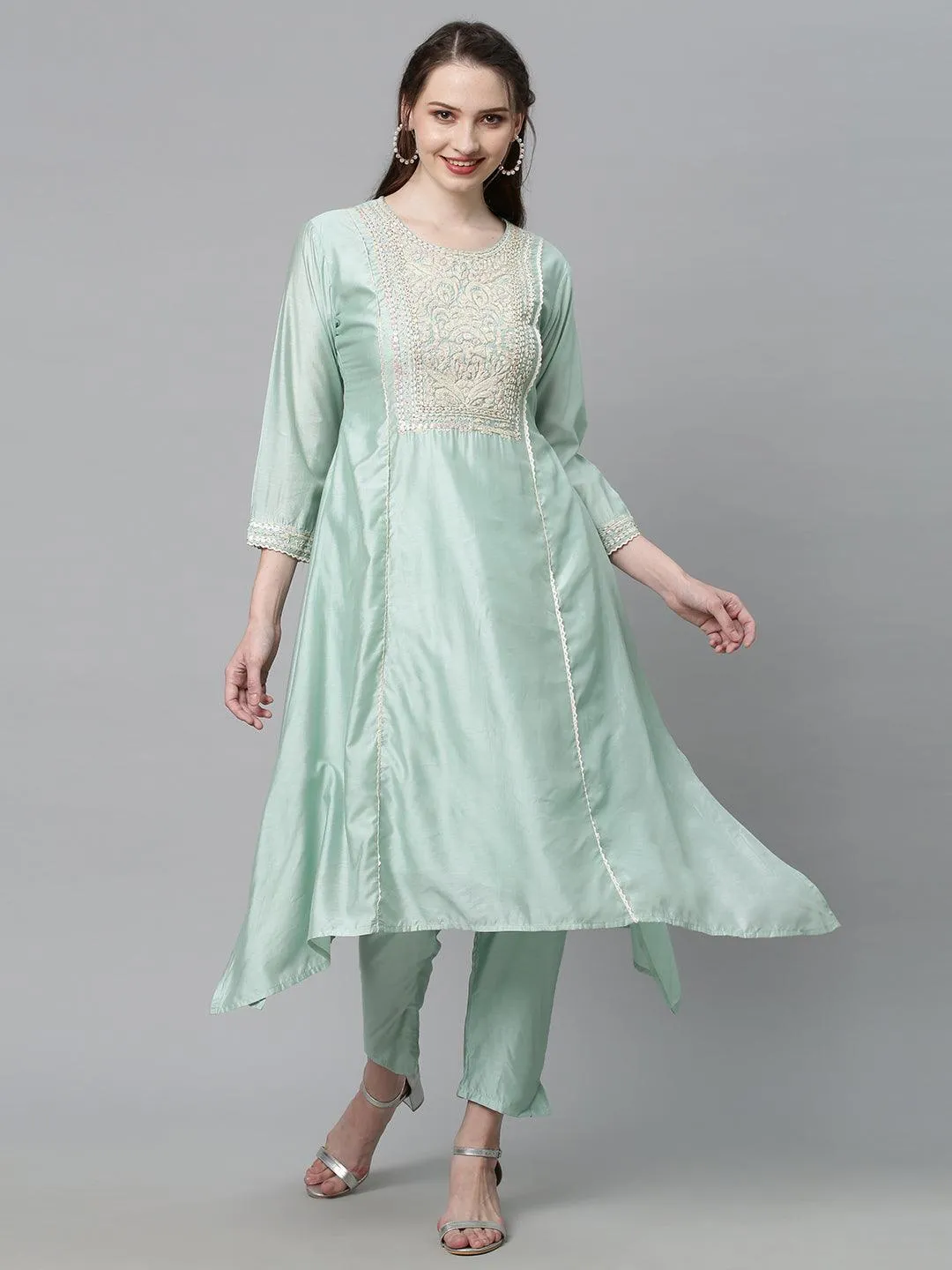 Ethnic Embroidered A-Line Kurta with Pants & Dupatta - Mint Green