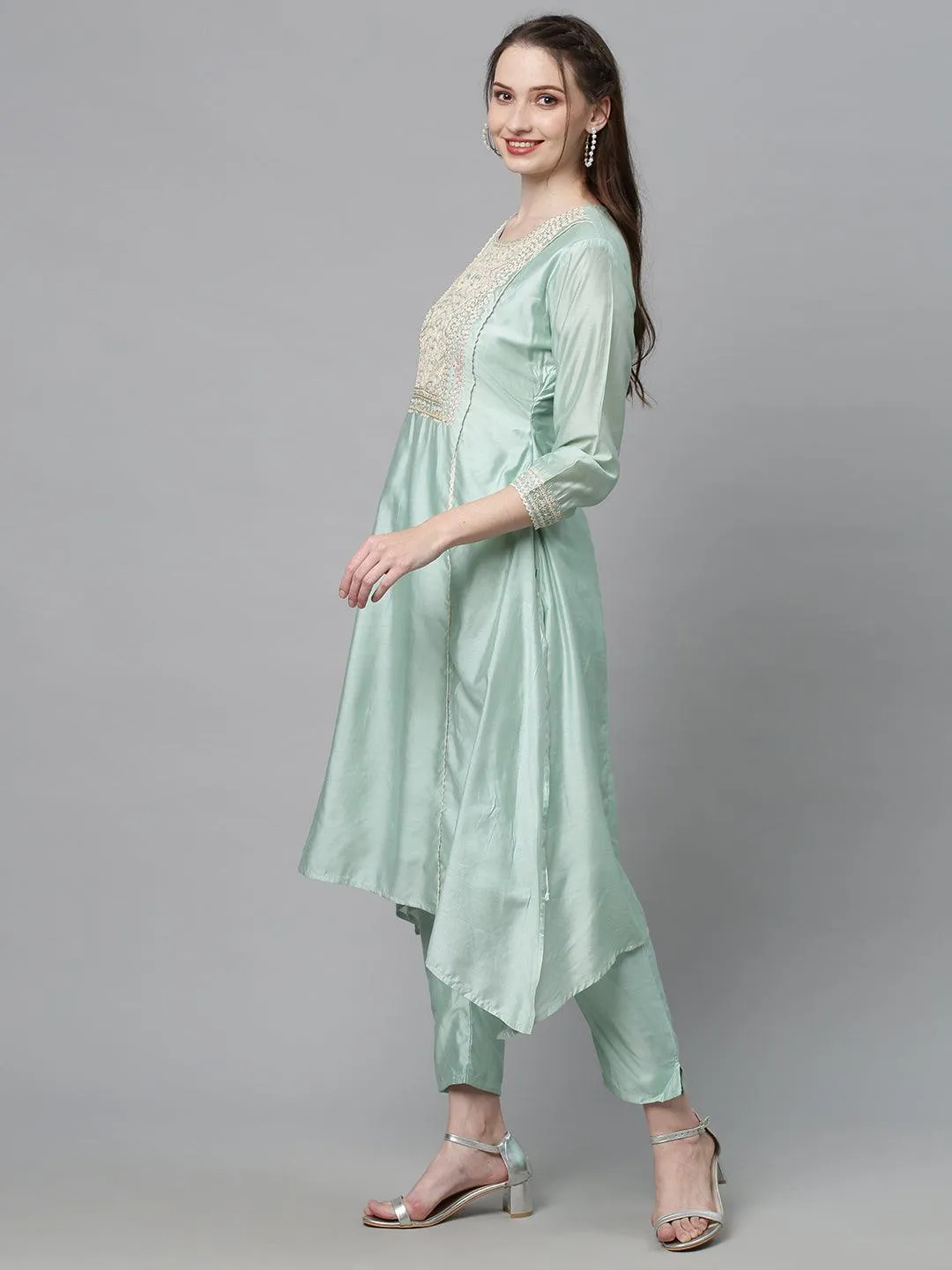 Ethnic Embroidered A-Line Kurta with Pants & Dupatta - Mint Green