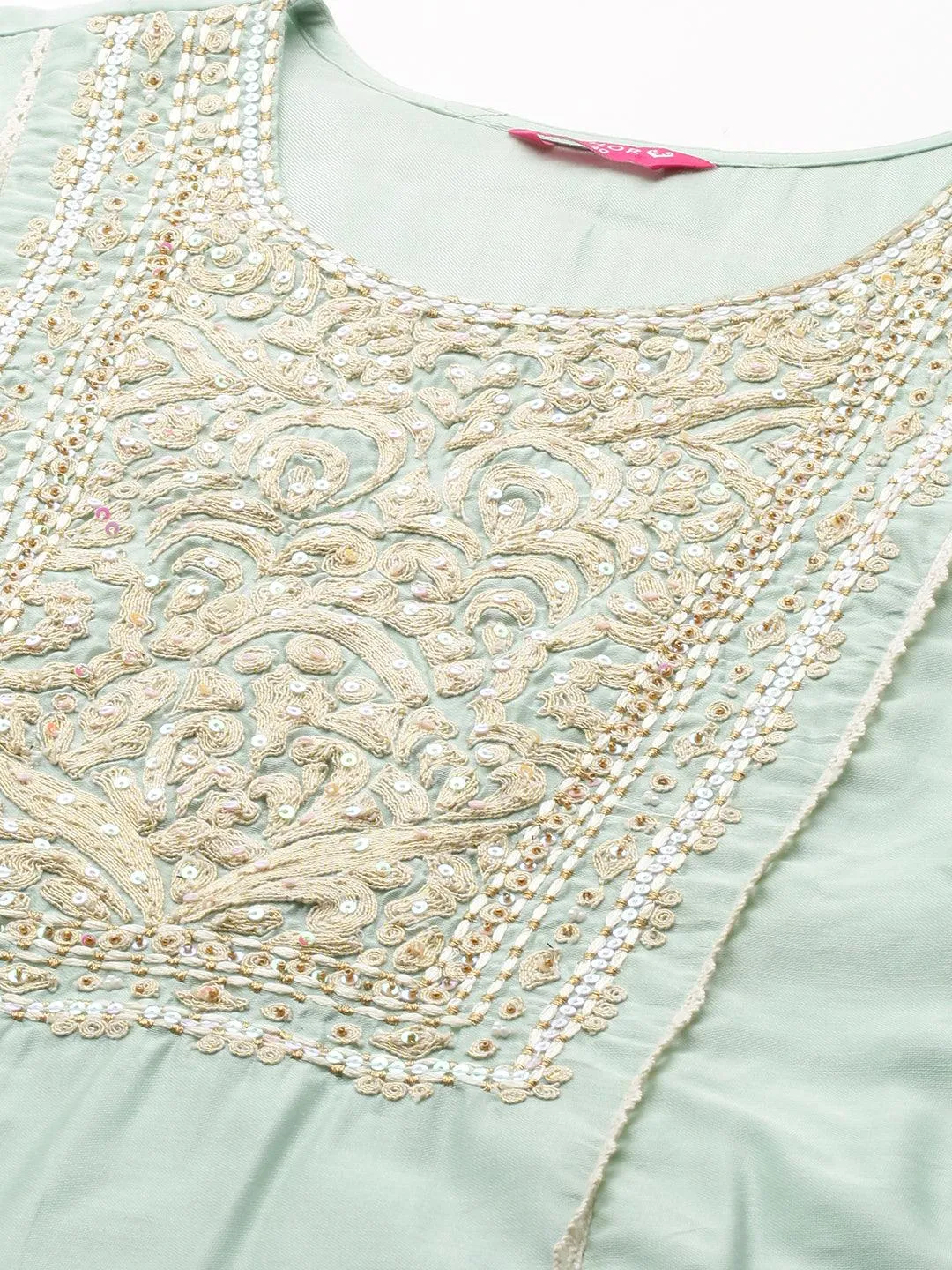 Ethnic Embroidered A-Line Kurta with Pants & Dupatta - Mint Green