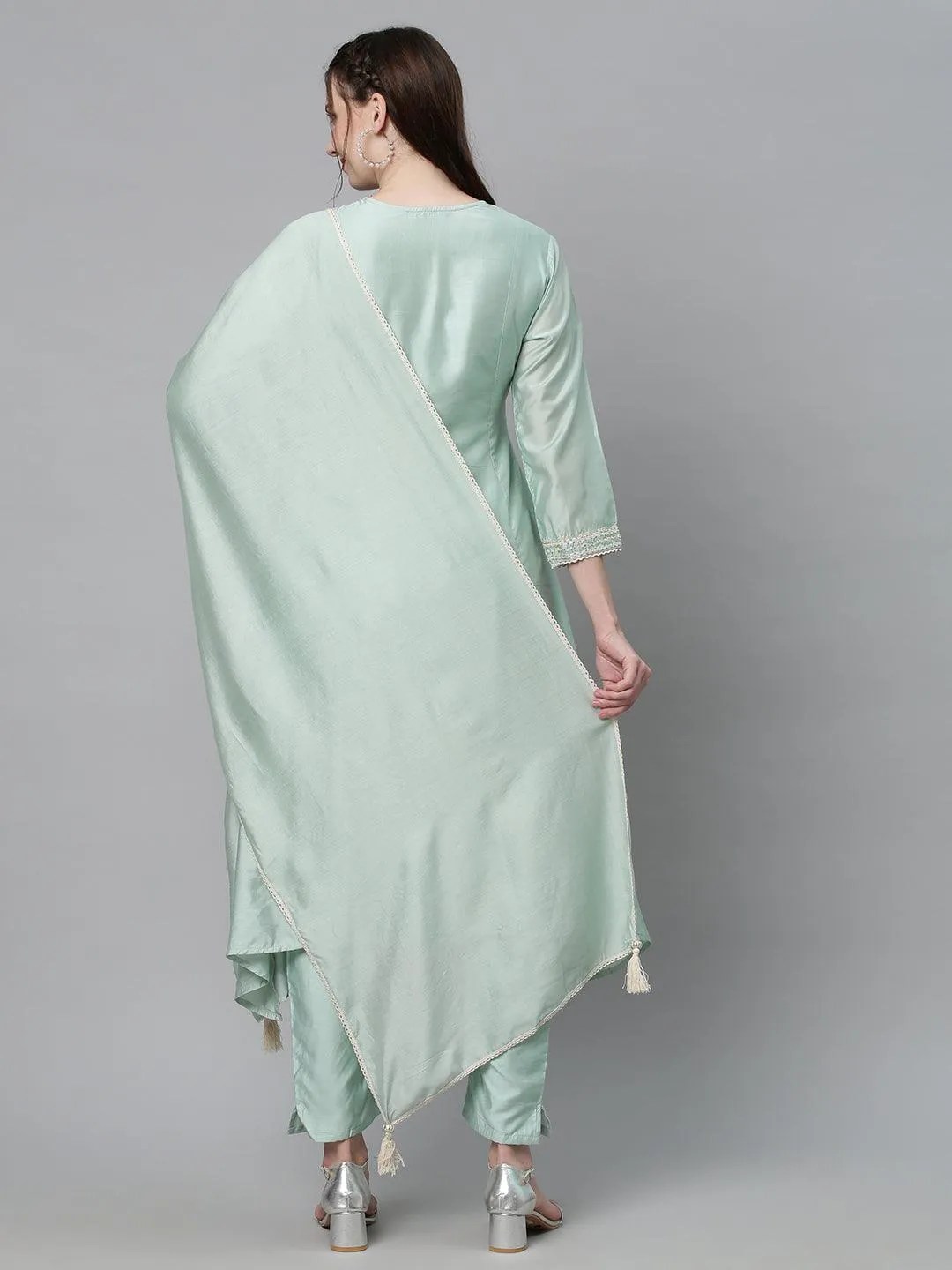 Ethnic Embroidered A-Line Kurta with Pants & Dupatta - Mint Green