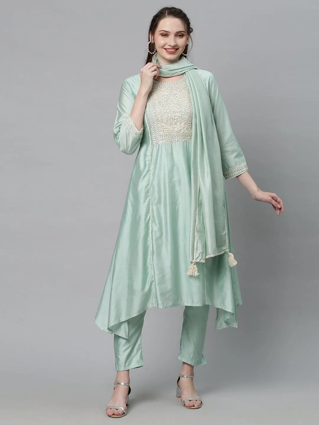 Ethnic Embroidered A-Line Kurta with Pants & Dupatta - Mint Green