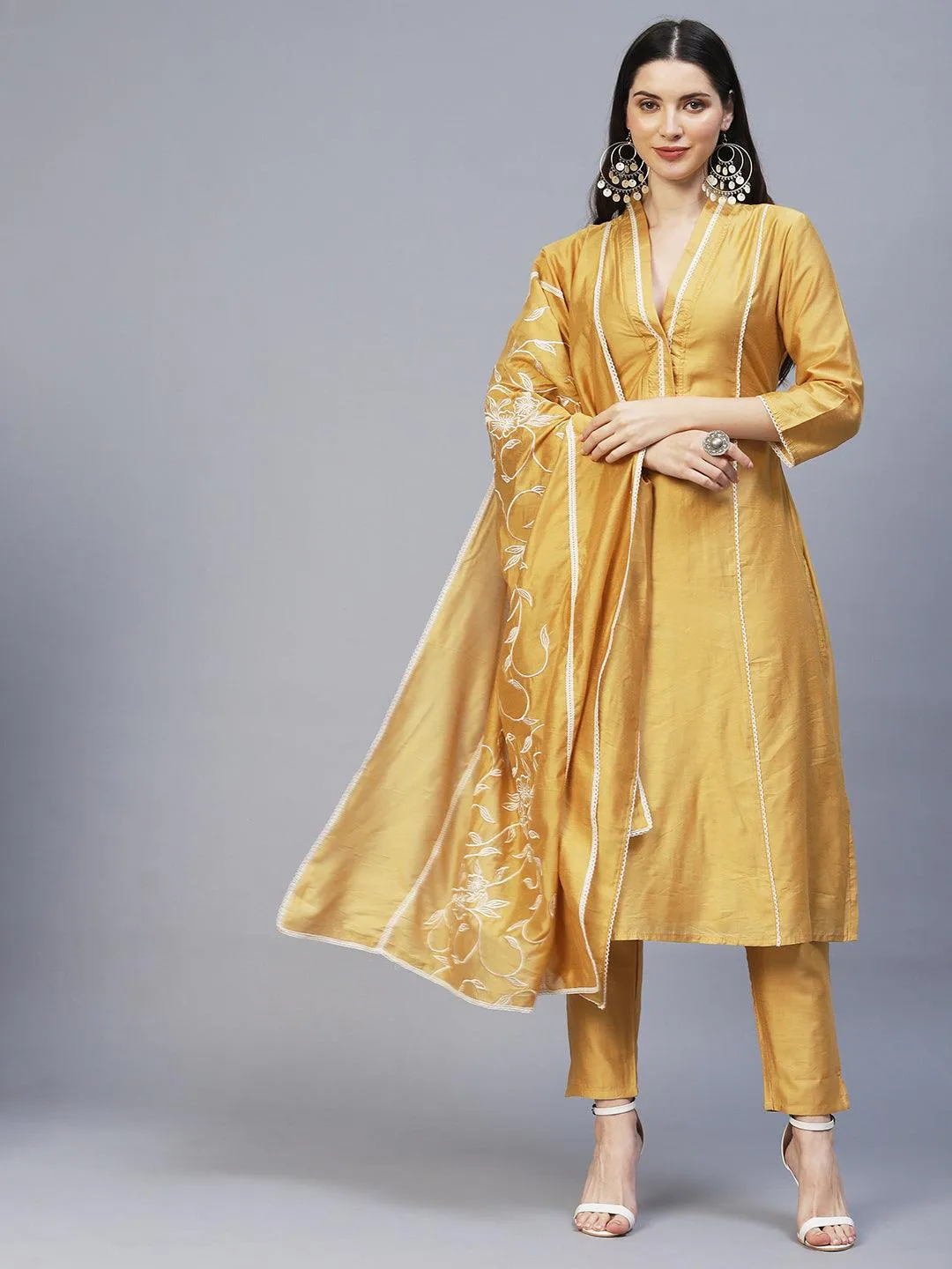 Ethnic Embroidered A-Line Kurta with Pants & Dupatta - Mustard