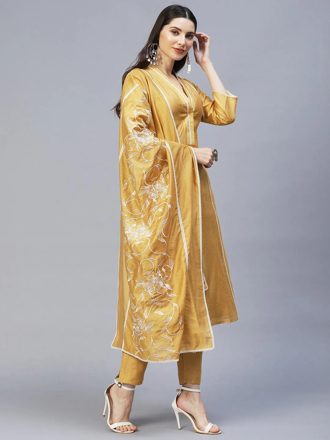 Ethnic Embroidered A-Line Kurta with Pants & Dupatta - Mustard