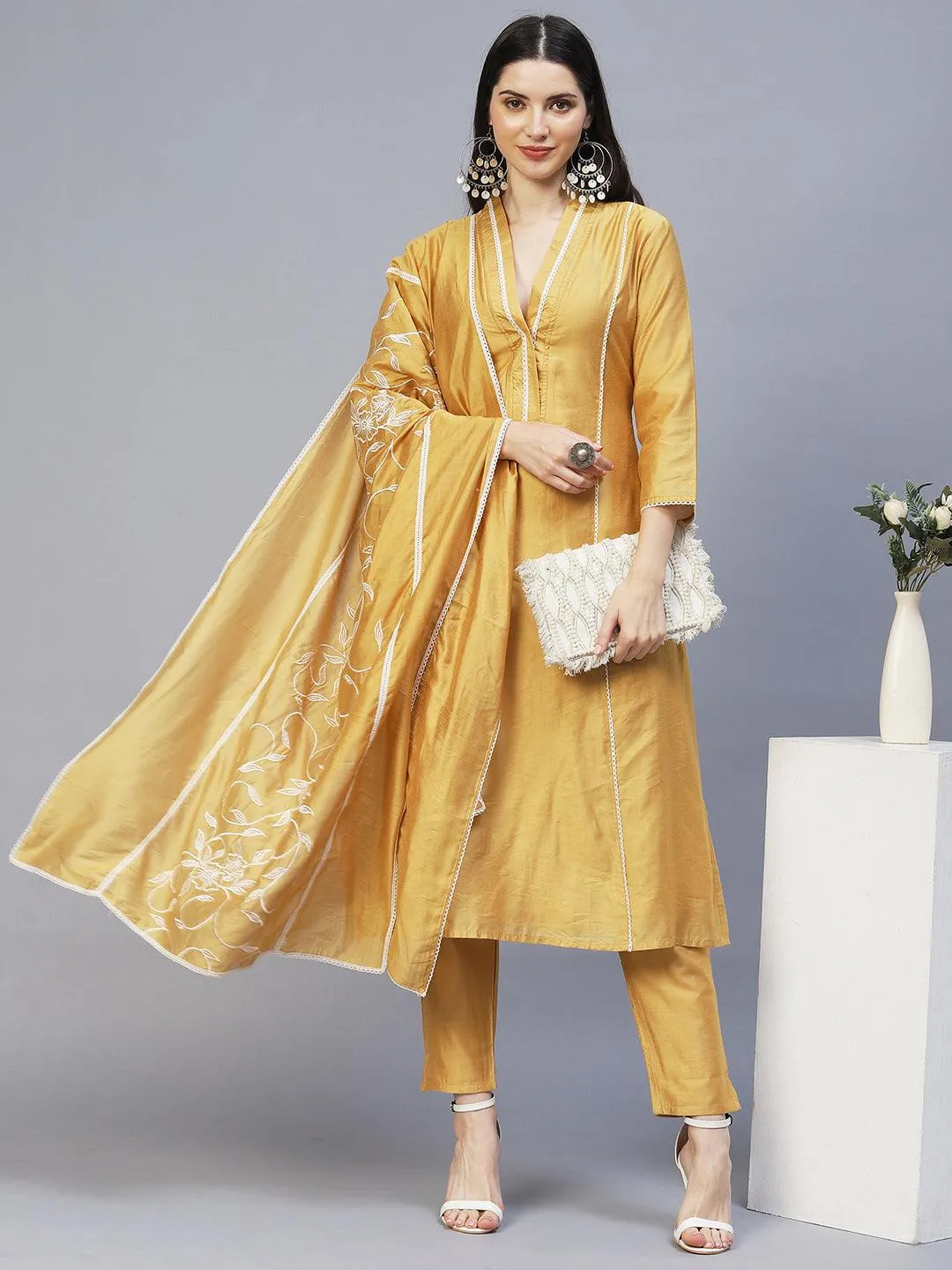 Ethnic Embroidered A-Line Kurta with Pants & Dupatta - Mustard