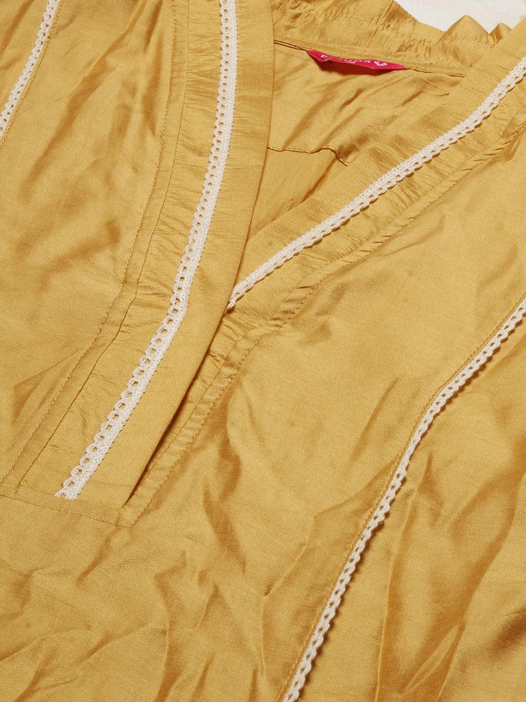 Ethnic Embroidered A-Line Kurta with Pants & Dupatta - Mustard