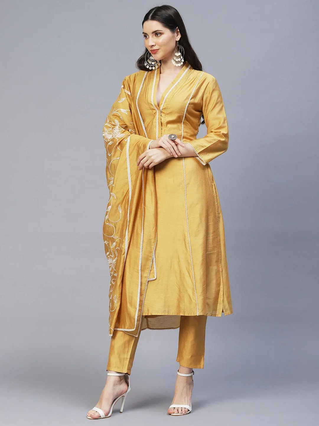 Ethnic Embroidered A-Line Kurta with Pants & Dupatta - Mustard