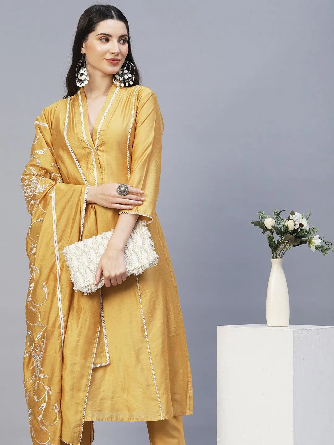 Ethnic Embroidered A-Line Kurta with Pants & Dupatta - Mustard