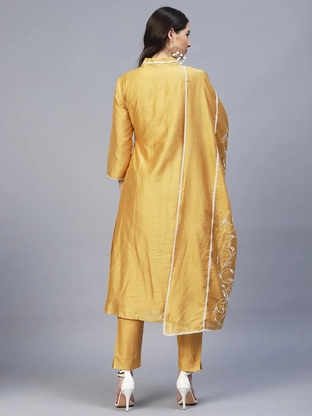 Ethnic Embroidered A-Line Kurta with Pants & Dupatta - Mustard