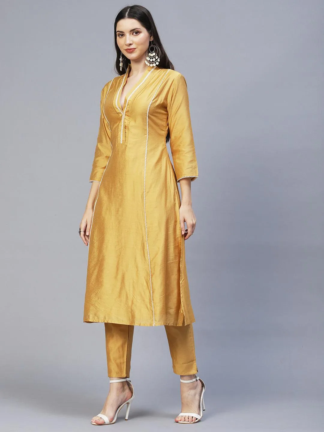 Ethnic Embroidered A-Line Kurta with Pants & Dupatta - Mustard