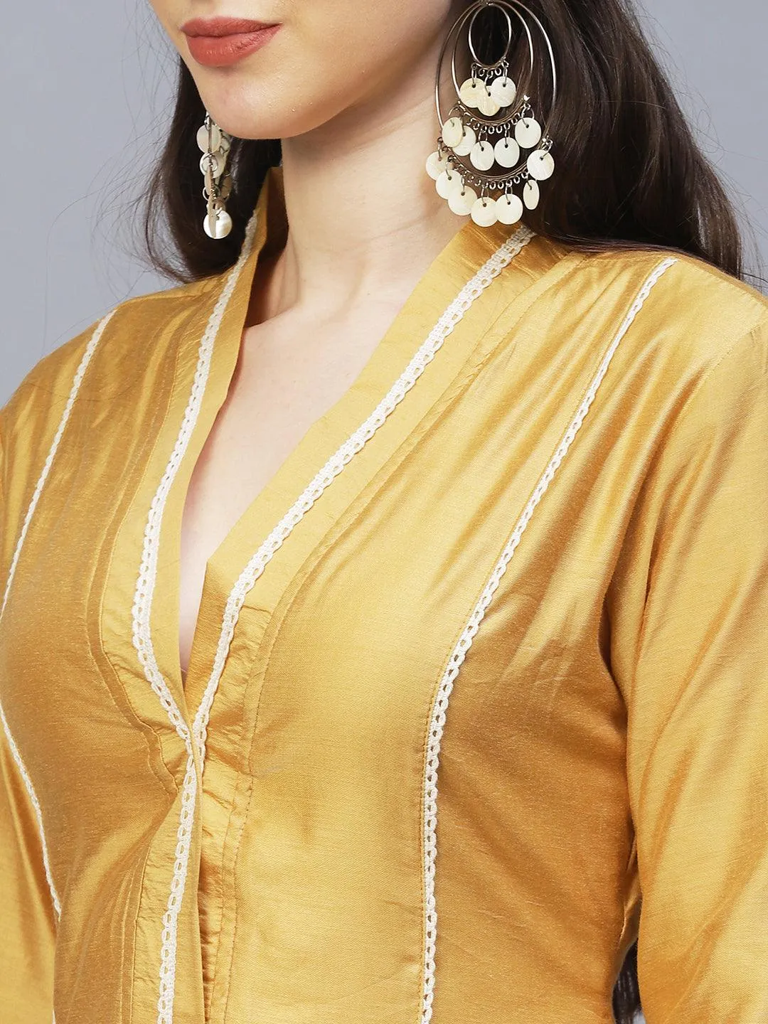 Ethnic Embroidered A-Line Kurta with Pants & Dupatta - Mustard